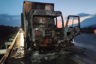 Tavuk yemi yüklü bir kamyon motor bölümünden alev aldı