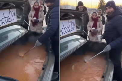 Arabanın bagajında çorba pişirip dağıttı