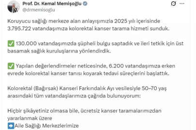 Bakan Memişoğlu: 2025'te 3 milyon 795 bin 722 vatandaşımıza kolorektal kanser tarama hizmeti sunduk