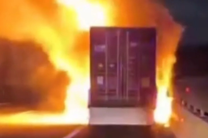 Tır üzerindeki konteyner alev alev yandı