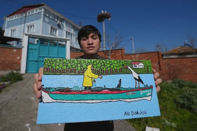 Yaren leylekle Adem amcanın dostluğu Bursa'da otizmli gencin tuvaline yansıdı