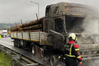Tomruk yüklü tır alev topuna döndü