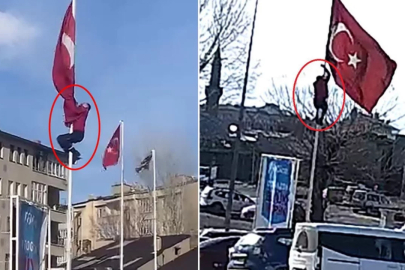 Tüyleri diken diken eden hareket! Bayrağı düzeltmek için 15 metrelik direğe tırmandı