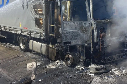 Edirne'de kereste yüklü tır alevlere teslim oldu.